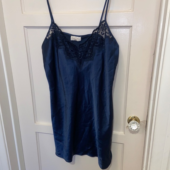 VINTAGE Inner Most Midnight Blue SATIN LACE CHEMISE SLIP BABYDOLL LINGERIE SZ L - Picture 1 of 11